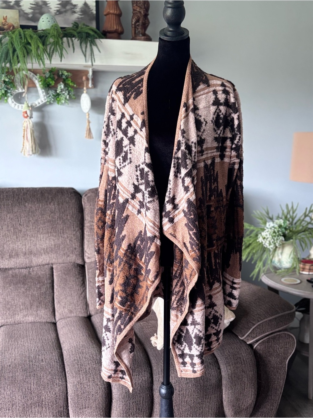 Lucky Brand Brown, Cream & Black Draped Open-Front Cardigan